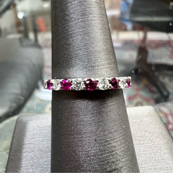 14k White Gold Diamond & Ruby Band Ring - Picture 1 of 8
